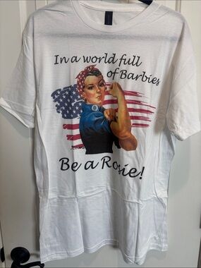 J Coons White Tee "Be a Rosie" Rosie the Riveter Graphic